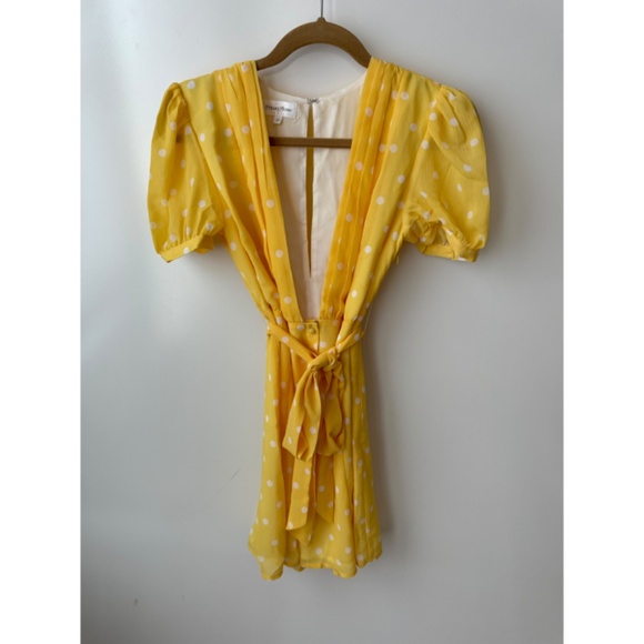 Privacy Please Carlotta Mini Yellow & White Polka Dots Deep V Neckline Dress S - Picture 2 of 5